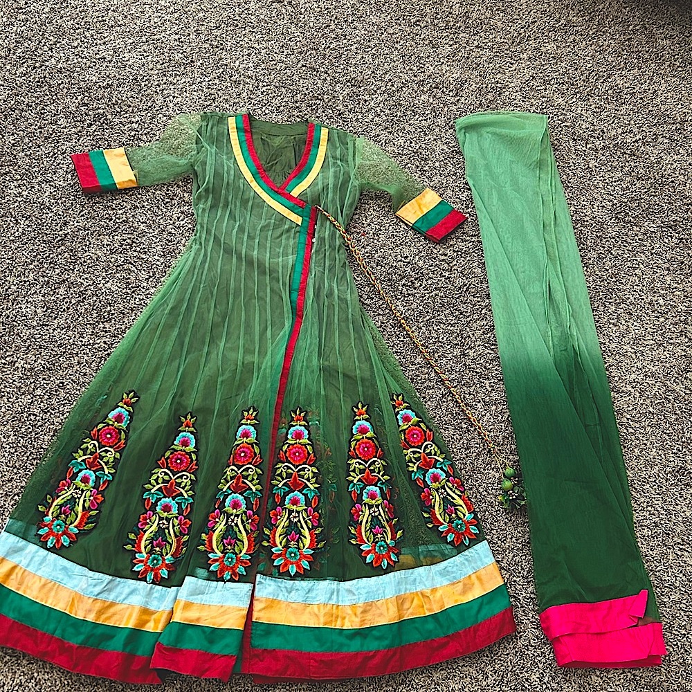 Indian 3 piece Anarakli suit with two shade dupatta/stole and pajami.